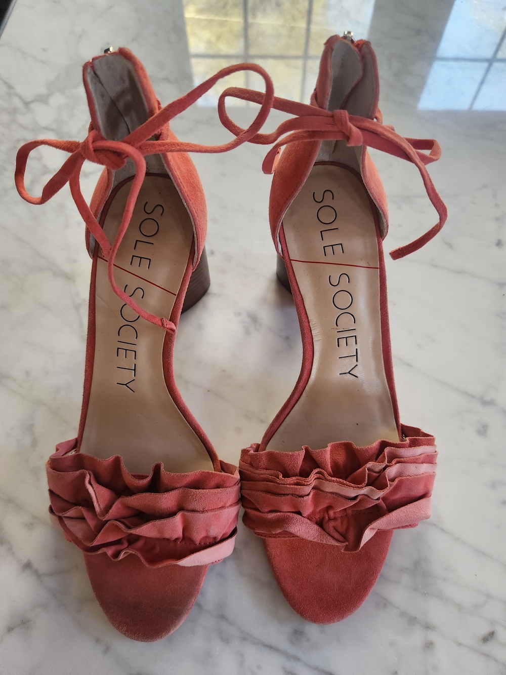 Sole Society Coral Ruffle Ankle-Tie Block "3 1/4" Heel Sandals